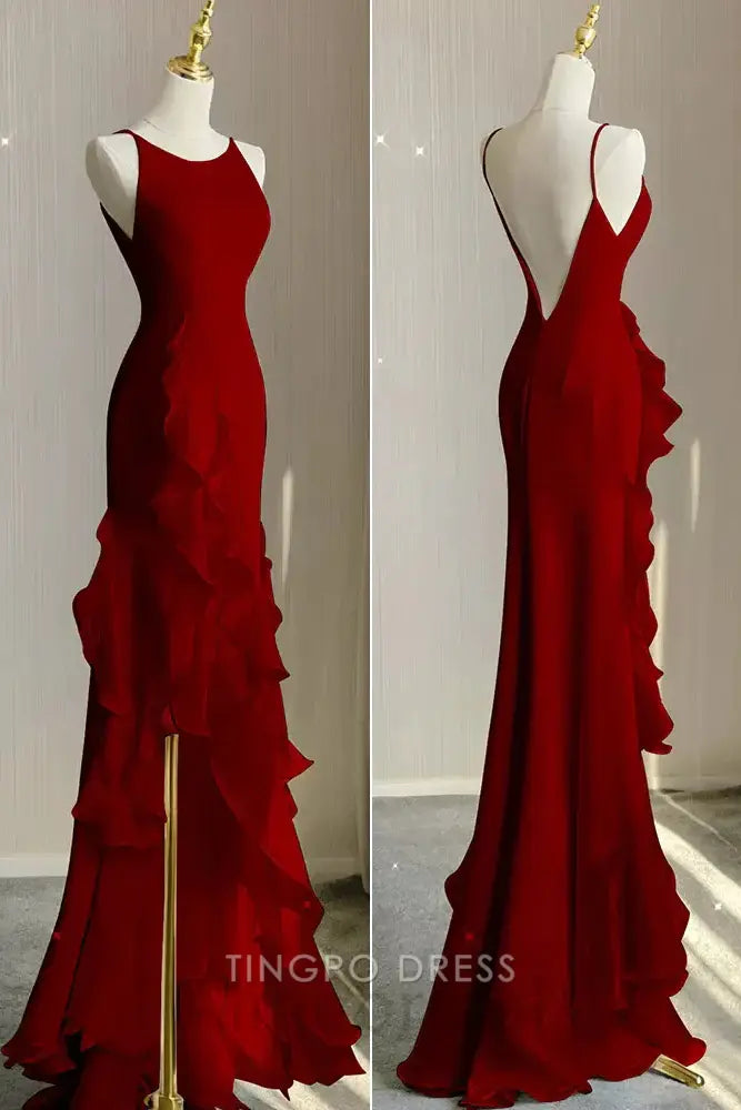 Elegant Mermaid Sleeveless Ruffle Detail Open Back Mermaid Maxi Dress Prom Dress